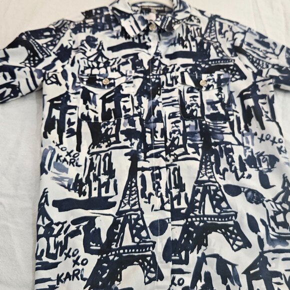 Karl Lagerfeld Paris 3/4 Sleeves Button-Up Blouse Women's S/P Blue & White - Picture 13 of 15